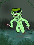 anthro bear blood bodily_fluids bruised_eye covered_in_blood dog_tags dripping_blood flaccid flippy_(htf) forest genitals gun happy_tree_friends hi_res hunting illegaleel jungle knife male mammal penis plant ranged_weapon river solo tree weapon wounded 