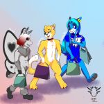  2023 anthro arthropod bag blue_body blue_eyes blue_fur blue_hair canid canine canis choker collar colored dary_d digital_drawing_(artwork) digital_media_(artwork) domestic_cat felid feline felis fur girly green_eyes grey_body group guispe_(guispe_opockjha) guispe_opockjha hair hi_res insect jewelry lepidopteran lord_canute male mammal moth necklace red_hair shopping simple_background smile tentacles trio watermark wings wolf yellow_body 