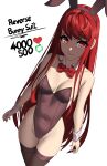  1girl absurdres animal_ears breasts covered_navel detached_collar english_text fake_animal_ears highres leotard like_and_retweet long_hair looking_at_viewer meme persona persona_5 persona_5_the_royal petite playboy_bunny rabbit_ears red_eyes red_hair skinny smile solo strapless strapless_leotard thighhighs twitter_strip_game_(meme) wrist_cuffs x_xith_x yoshizawa_kasumi yoshizawa_sumire 