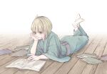  1boy androgynous blonde_hair blunt_bangs book crossed_ankles highres japanese_clothes jigokuraku kimono kmdtkys lying on_stomach open_book reading short_hair smile socks white_socks wooden_floor yamada_asaemon_fuchi yellow_eyes 