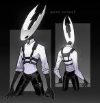  2020 accessory ambiguous_gender animal_humanoid arthropod arthropod_humanoid black_and_white black_background black_body black_eyes black_skin bottomwear claws clothed clothing darkdog digital_drawing_(artwork) digital_media_(artwork) front_view gradient_background hi_res hollow_knight hollow_knight_(character) holster horn humanoid insect insect_humanoid long_arms looking_down monochrome mouthless pants portrait pose pure_vessel rear_view shirt simple_background skinny skinny_humanoid slim slim_humanoid small_waist solo standing team_cherry text three-quarter_portrait topwear vessel_(species) white_background white_body white_head white_skin 