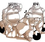  2023 absurd_res anthro balls belly big_belly canid canine coolietf genitals group hi_res kemono leaf male mammal moobs nipples overweight overweight_male raccoon_dog tanuki 