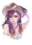  1girl arm_up artist_name bare_shoulders black_gloves black_hair bracelet breasts brown_hair brown_headwear brown_vest cleavage collarbone commentary cowboy_hat crisis_core_final_fantasy_vii cropped_torso earrings english_commentary final_fantasy final_fantasy_vii gloves hair_behind_ear hand_on_headwear hat highres ilabarattolo jewelry lips long_hair looking_at_viewer medium_breasts parted_lips red_eyes shirt single_earring solo swept_bangs tifa_lockhart upper_body vest watermark white_background white_shirt 