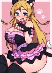  1girl animal_ears black_thighhighs blonde_hair blue_eyes breasts cat_ears cat_tail cleavage dress kwaejina large_breasts long_hair open_mouth original paw_pose sitting solo sweatdrop tail thighhighs 