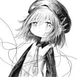  1girl beret blush cable collared_shirt copyright_name expressionless floating_hair greyscale hat headphones highres kilsturgeon long_sleeves looking_at_viewer messy_hair microphone monochrome necktie parted_lips raised_eyebrows shirt short_hair simple_background solo tie_clip upper_body utane_uta utau vest 