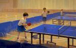  3boys black_hair blue_shorts commentary fjsmu gym gym_shirt gym_shorts gym_uniform highres male_focus multiple_boys original paddle shirt short_hair short_sleeves shorts socks table_tennis table_tennis_paddle white_shirt 