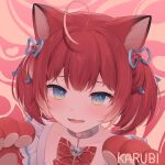  1girl ahoge akami_karubi amashiro_natsuki animal_ears animal_hands blue_eyes blue_ribbon bow cat_ears collarbone commentary fangs gloves hair_ornament hair_ribbon heart heart_hair_ornament heart_in_eye indie_virtual_youtuber looking_at_viewer multicolored_hair open_mouth paw_gloves pink_hair red_bow red_gloves red_hair ribbon solo streaked_hair symbol_in_eye two_side_up virtual_youtuber 