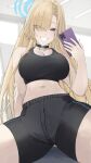  1girl asuna_(blue_archive) bare_shoulders black_choker black_shorts blonde_hair blue_archive blue_eyes breasts cellphone choker cleavage commentary_request crop_top grin hand_up highres holding holding_phone indoors large_breasts long_hair looking_at_viewer midriff navel phone ref_(pmxt4483) shorts sitting smartphone smile solo sports_bra stomach thighs very_long_hair 