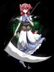  2girls absurdres black_background blue_dress closed_mouth coin dress full_body green_hair highres holding holding_scythe looking_at_viewer multiple_girls obi onozuka_komachi red_eyes red_hair sash scythe shiki_eiki simple_background solo_focus spam_(spamham4506) touhou two_side_up 