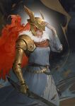  1girl absurdres cape covered_eyes dress elden_ring gold_armor golden_sword grey_background grey_dress hand_on_headwear helmet helmet_over_eyes highres katana long_hair malenia_blade_of_miquella metal_belt multiple_scars red_cape red_hair scar scar_on_arm scar_on_face selann_dw sword valkyrie warrior weapon winged_helmet 