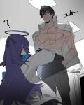  1boy 1girl ? absurdres ananke_7 bandaged_arm bandages black_hair black_pants blue_archive closed_mouth commentary halo hands_in_pockets highres indoors jacket long_hair long_sleeves looking_at_another pants purple_hair scar scar_on_arm scar_on_chest sensei_(blue_archive) shirt shirt_on_shoulders standing symbol-only_commentary white_jacket white_shirt yuuka_(blue_archive) 