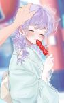  1girl aqua_kimono blurry blurry_background blush braid covered_mouth food fruit gem hair_ribbon headpat highres holding holding_food japanese_clothes kimono lace-trimmed_hair_ornament lace-trimmed_kimono lace_trim long_hair obi pearl_(gemstone) purple_hair ribbon roni_dayo sash shinomiya_runa skewer smile solo strawberry swept_bangs twin_braids virtual_youtuber vspo! white_ribbon 