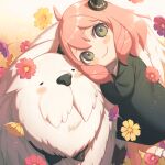  1girl anya_(spy_x_family) black_bow black_dress bond_(spy_x_family) bow child dog dress fake_horns flower green_eyes hair_horns hairpods horns long_sleeves looking_at_viewer miri_(cherryjelly) pink_hair spy_x_family sunlight white_dog white_fur 