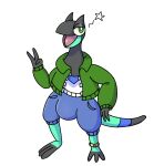  2023 anthro big_bulge blue_bottomwear blue_clothing blue_pants bottomwear bulge cel_shading clothing decentfailure2319 dehf_(decentfailure2319) generation_6_pokemon gesture green_clothing green_eyes green_jacket green_topwear grey_tail_tip grey_toes heliolisk jacket jewelry legband male multicolored_body nintendo open_mouth pants pockets pokemon pokemon_(species) shaded shirt simple_background solo tight_bottomwear tight_clothing tight_pants topwear v_sign white_background white_clothing white_shirt white_topwear zipper 