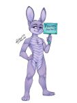  3:4 4_toes 5_fingers absurd_res anthro bastionshadowpaw biped claws countershade_face countershade_neck countershade_torso countershading english_text eyebrows feet fingers hi_res holding_object holding_sign hybrid lagomorph leporid lizard male mammal nonbinary_(lore) peanuts_(furrypeanuts) purple_eyes rabbit reptile scalie sign simple_background smile solo text toes white_background 