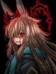  1girl affliction_(darkest_dungeon) amiya_(arknights) animal_ears arknights ascot black_jacket blood blood_from_eyes blue_ascot blue_collar brown_hair collar darkest_dungeon floating_crown guin_guin hair_between_eyes hood hooded_jacket jacket jewelry long_hair long_sleeves looking_at_viewer neck_ring open_clothes open_jacket rabbit_ears rabbit_girl red_eyes solo 