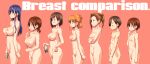  1boy 6+girls blue_hair blush boku_no_kokoro_no_yabai_yatsu breasts brown_hair censored completely_nude dark_blue_hair hagiya_masakage hara_honoka highres ichikawa_kana ichikawa_kyoutarou kobayashi_chihiro_(bokuyaba) large_breasts long_hair medium_breasts mosaic_censoring multiple_girls nipples nude profile red_background sekine_moeko short_hair simple_background small_breasts standing yamada_anna yoshida_serina 