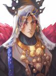  1boy absurdres blue_hair braid crown cu_chulainn_(fate) cu_chulainn_alter_(dream_portrait)_(fate) cu_chulainn_alter_(fate) earrings english_commentary facial_mark fate/grand_order fate_(series) gravesecrets highres jewelry long_hair looking_to_the_side mature_male necklace official_alternate_costume parted_lips red_eyes see-through_veil solo upper_body veil white_background white_veil 