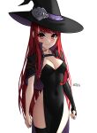  1girl absurdres blush breasts cleavage closed_mouth halloween halloween_costume hat highres long_hair looking_at_viewer nail_polish persona persona_5 persona_5_the_royal purple_nails red_eyes red_hair simple_background small_breasts smile solo white_background witch witch_hat x_xith_x yoshizawa_sumire 