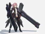  1girl alice_gear_aegis black_jacket commentary_request dress gun headband highres hirasaka_yotsuyu holding holding_gun holding_weapon jacket mecha_musume mechanical_arms mechanical_legs pinakes pink_eyes pink_hair red_headband skirt solo weapon white_dress white_skirt 