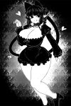  1girl :q animal_ears blunt_bangs bow braid breasts cat_ears cat_girl cat_tail cleavage closed_mouth commentary_request curvy dress extra_ears greyscale hair_bow haseru_(ginku_mh) heart high_heels huge_breasts jumping kaenbyou_rin long_sleeves looking_at_viewer monochrome multiple_tails nekomata pointy_ears side_braids sidelocks smile solo tail tongue tongue_out touhou twin_braids two_tails 