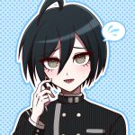  1boy :d ahoge bangs black_hair blue_background breast_pocket brown_eyes buttons danganronpa_(series) danganronpa_v3:_killing_harmony double-breasted hand_up highres jacket lower_teeth_only male_focus outline pocket polka_dot polka_dot_background saihara_shuuichi short_hair smile solo striped striped_jacket suiren_yurei teeth tongue white_outline 
