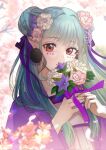  1600pommsky 1girl aqua_hair bellflower bouquet cherry_blossoms chinese_bellflower chinese_clothes choppy_bangs covered_mouth double_bun dress earrings facial_mark flower hair_bun hair_flower hair_ornament hair_ribbon hanfu highres holding holding_bouquet jacket jewelry long_hair looking_at_viewer mochi_(1600pommsky) orange_eyes original pink_flower pointy_ears purple_flower purple_jacket purple_ribbon qixiong_ruqun ribbon smile solo tree upper_body white_dress white_flower wisteria 