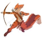  anthro black_nose blue_eyes bottomwear breasts brown_bottomwear brown_clothing brown_footwear brown_loincloth brown_shoes clothing ears_back female footwear full-length_portrait fur hi_res holding_arrow holding_bow_(weapon) holding_object holding_weapon loincloth mouth_closed narrowed_eyes orange_body orange_ears orange_fur oselotti pivoted_ears portrait quiver shoes signature simple_background solo species_request standing striped_arms striped_body striped_fur striped_legs stripes tan_body tan_breasts tan_fur weapon white_background 