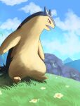  absurdres cloud commentary_request day falling_leaves fangs flower grass highres jira_(ziraiya26) leaf looking_down no_humans open_mouth orange_eyes outdoors pokemon pokemon_(creature) sky solo standing tongue typhlosion 