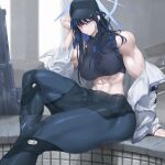  1girl abs absurdres baseball_cap blue_archive blue_hair breasts frown grey_eyes gun hand_on_own_head hat highres jacket large_breasts long_hair looking_at_viewer muscular muscular_female open_clothes open_jacket qtime4_702 saori_(blue_archive) sitting solo toned weapon 