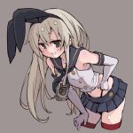  1girl anchor_hair_ornament bangs black_eyes black_neckerchief black_panties blonde_hair blue_sailor_collar blush breasts crop_top cropped_legs elbow_gloves es_(eisis) gloves grey_background hair_ornament hairband highleg highleg_panties highres kantai_collection leaning_forward long_hair looking_at_viewer miniskirt neckerchief panties pleated_skirt sailor_collar shimakaze_(kancolle) simple_background skirt sleeveless small_breasts solo thighhighs underwear very_long_hair white_gloves 