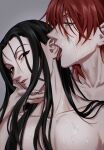  2boys black_hair empty_eyes enyalee highres hisoka_morow hunter_x_hunter illumi_zoldyck licking licking_ear long_hair looking_at_another male_focus multiple_boys nude pectorals red_hair short_hair showering tongue tongue_out wet wet_hair yaoi 