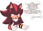  1boy bracelet furry gloves highres jewelry lowered_eyelids parted_lips red_eyes shadow_the_hedgehog solo sonic_(series) speech_bubble toonsite upper_body white_gloves 