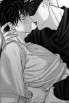  2boys blindfold blush closed_eyes clothes_lift fushiguro_megumi fushirun_rung gojou_satoru hand_on_another&#039;s_neck highres imminent_kiss jacket jujutsu_kaisen korean_commentary long_sleeves male_focus monochrome multiple_boys open_mouth shirt shirt_lift short_hair short_sleeves spiked_hair teeth tongue yaoi 