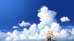  1girl blonde_hair blue_eyes blue_sky cloud day hair_ribbon highres long_hair meito_(maze) necktie open_mouth original outdoors outstretched_arms ponytail red_necktie ribbon short_sleeves sky smile solo white_ribbon 