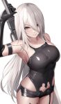  1girl a2_(nier:automata) absurdres arm_up bare_shoulders black_gloves blue_eyes breasts closed_mouth commentary elbow_gloves gloves grey_hair highres holding holding_sword holding_weapon kurone_rinka large_breasts long_hair looking_at_viewer mole mole_under_mouth nier:automata nier_(series) short_shorts shorts simple_background skindentation solo sword thighs very_long_hair weapon 