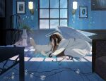  1girl angel angel_wings black_hair cat chair comabox flower halo highres indoors kiss kneeling lamp long_hair looking_at_another nightgown original painting_(object) sidelocks signature table vase window wings wire 