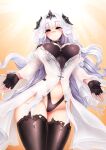  1girl azur_lane barbariank black_gloves black_thighhighs breasts character_request commentary cowboy_shot fingerless_gloves gloves head_tilt highres horns large_breasts long_hair long_sleeves looking_at_viewer navel outstretched_arms red_eyes solo thighhighs very_long_hair white_hair wide_sleeves 