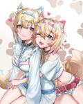  2girls :3 :o animal_ear_fluff animal_ears arms_around_waist belt belt_collar black_collar blue_belt blue_eyes blue_hair blush breasts closed_mouth collar cropped_shirt dog_ears dog_girl dog_tail fuwawa_abyssgard hair_ornament hairpin highres hololive hololive_english hug large_breasts long_hair looking_at_another looking_at_viewer medium_hair midriff mococo_abyssgard multicolored_hair multiple_girls navel one_eye_closed open_mouth paw_print paw_print_background pink_belt pink_eyes pink_hair shirt short_shorts shorts siblings sisters skirt skirt_set small_breasts streaked_hair tail tenchi_mayo twins virtual_youtuber white_shirt white_shorts white_skirt x_hair_ornament 