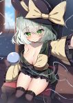  1girl absurdres black_headwear black_thighhighs blurry blurry_background bow breasts cleavage commentary_request dfra green_eyes hat hat_bow heart heart-shaped_pupils highres komeiji_koishi large_breasts light_green_hair looking_at_viewer outdoors reaching reaching_towards_viewer sitting solo symbol-shaped_pupils thighhighs third_eye touhou yellow_bow 