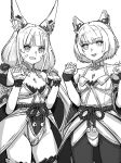  2girls animal_ear_fluff animal_ears bare_shoulders breasts chin_bell collarbone commentary facial_mark gloves greyscale grin hands_up highres leotard long_hair looking_at_viewer low_twintails mio_(xenoblade) monochrome multiple_girls nia_(xenoblade) open_mouth pantyhose short_hair simple_background small_breasts smile twintails very_long_hair white_background xenoblade_chronicles_(series) xenoblade_chronicles_2 xenoblade_chronicles_3 