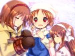  3girls aged_down aged_up angel angel_wings blue_overalls blush brown_gloves brown_hair chinese_commentary closed_eyes closed_mouth coat commentary_request eyelashes female_child food girl_sandwich gloves hair_between_eyes hair_ribbon hairband halo hug kanon lliissaawwuu2 long_hair looking_at_object lying medium_hair mittens multiple_girls multiple_persona on_back on_side open_mouth overalls parted_bangs pink_skirt red_eyes red_hairband ribbon sandwiched shirt short_hair simple_background skirt smile spoilers straight_hair taiyaki tsukimiya_ayu wagashi white_background white_hairband white_headwear white_ribbon wings yellow_coat yellow_shirt 