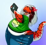  2017 anthro apple_inc. belly bottomwear chubby_anthro chubby_female claws clothed clothing cross-popping_vein dinosaur fangs female hair hi_res holding_object ipad open_mouth overweight overweight_anthro overweight_female panties pants raised_tail reptile scales scalie shenzel shirt slightly_chubby solo tail teeth theropod thick_thighs tongue topwear trinity_(shenzel) tyrannosaurid tyrannosaurus tyrannosaurus_rex underwear 