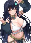  1girl absurdres arabian_clothes armlet azuma_(azur_lane) azur_lane black_hair breasts cleavage dancer detached_sleeves floppy_ears gold_choker gold_trim green_eyes hair_ears hands_up harem_outfit highres large_breasts long_hair long_sleeves midriff navel puffy_long_sleeves puffy_sleeves soul_(dp11) white_background 