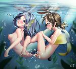  2girls absurdres animal_ears blue_eyes blue_hair blush breasts brown_hair c.t_(yoyo860222) completely_nude dildo double_dildo grin highres mermaid monster_girl multiple_girls nude original sex sex_toy shared_object_insertion short_ponytail small_breasts smile underwater yuri 