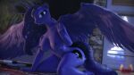  3d_(artwork) absurd_res anthro anthrofied big_breasts blue_body breasts detailed_background digital_media_(artwork) equid equine feathers female friendship_is_magic hasbro hi_res horn kneeling looking_at_viewer loveslove mammal my_little_pony nipples nude princess_luna_(mlp) pupils solo winged_unicorn wings 