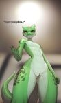  anthro clitoris clitoris_piercing eyelids featureless_chest female flat_chested genital_piercing genitals green_body green_scales hi_res horn kobold looking_at_viewer looking_down_at_viewer low-angle_view meme meral_fleetfoot mildly_muscular_women_think_they&#039;re_gods nude piercing pussy scales scalie solo yellow_eyes 