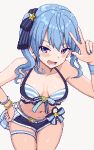  1girl alternate_breast_size bikini blue_bikini blue_eyes blue_hair blue_nails blue_shorts blush bracelet breasts breasts_apart collarbone cowboy_shot grey_background hair_ribbon hand_on_own_hip hand_up hololive hololive_summer_2023_swimsuit hoshimachi_suisei jewelry leaning_forward long_hair looking_at_viewer lower_teeth_only medium_breasts micro_shorts navel open_mouth pixel_art ribbon shiny_skin shorts side_ponytail sidelocks simple_background skindentation solo stomach striped striped_bikini striped_ribbon swimsuit teeth thigh_strap thighs w zou_eita 