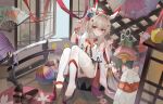  1girl absurdres ass ayanami_(azur_lane) ayanami_(pulse_of_the_new_year)_(azur_lane) azur_lane bamboo bird bracelet chick commentary_request detached_sleeves fox_mask fox_statue fur_scarf grey_hair hair_between_eyes hair_ornament hairclip headgear highres indoors japanese_clothes jewelry katana kele_mimi long_hair long_sleeves looking_at_viewer manjuu_(azur_lane) mask mask_on_head new_year no_shoes official_alternate_costume orange_eyes panties pantyshot parted_lips ponytail retrofit_(azur_lane) sandals sidelocks sitting soles sword tatami thighhighs underwear weapon white_thighhighs wide_sleeves 