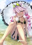  1girl animal_ears asobeco barefoot beach bikini black_bikini blue_sky blush bottle braid breasts cat_ears chloe_von_einzbern chloe_von_einzbern_(swimsuit_avenger) dark-skinned_female dark_skin fake_animal_ears fate/grand_order fate_(series) feet flower foot_out_of_frame green_bikini hair_between_eyes hair_flower hair_ornament hair_ribbon hairband highres knees_together_feet_apart knees_up long_hair looking_at_viewer low_twin_braids nail_polish open_mouth orange_eyes parasol pink_hair ribbon shore sitting sky small_breasts smile soles solo swimsuit toe_scrunch toenail_polish toenails toes twin_braids two-tone_bikini umbrella water_bottle 